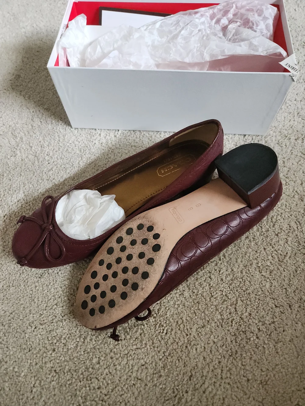 COACH ODETTE Women's Burgundy Leather Ballet Flats